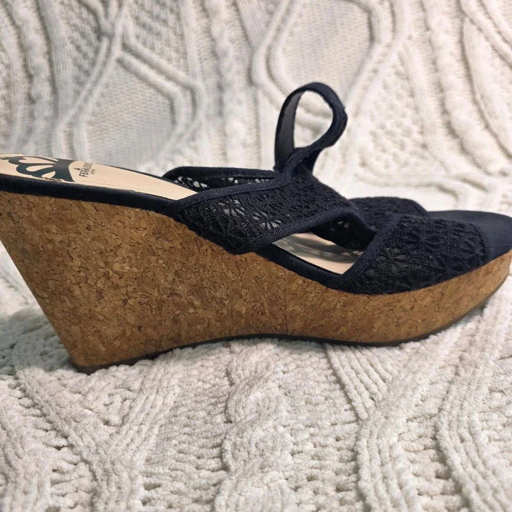 Fergalicious Wedge‎ Sandals Black Lace Mesh Cork Platform Sexy Womens 10